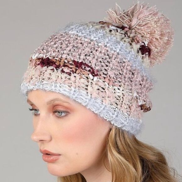 Multi Color Soft Plush Winter Beanie with Pom Pom - Blush Pink, Blue and Ivory - Picture 2 of 5